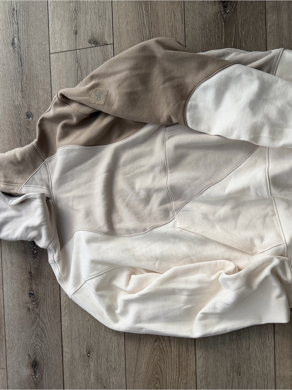 ALO Yoga Colorblock Hooded Sweatshirt in Beige, Cream and Taupe